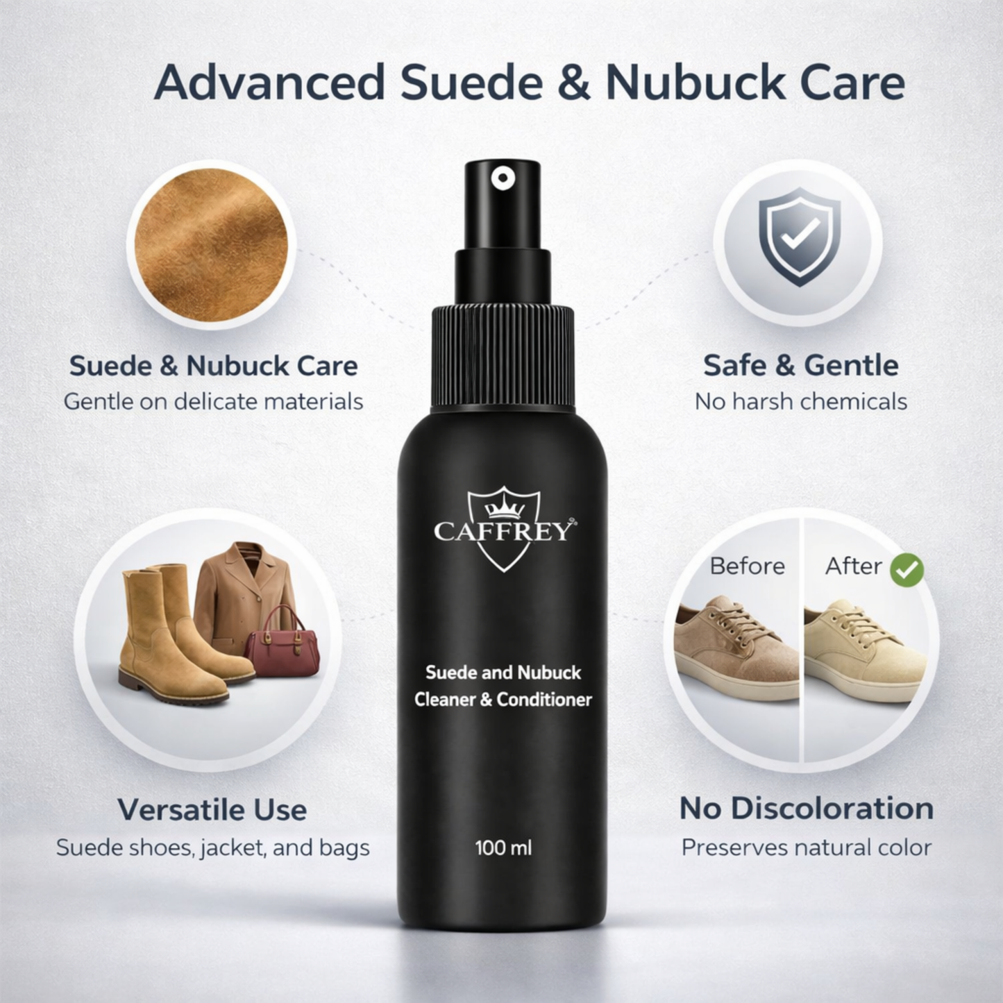 Caffrey Suede Cleaner & conditioner – Specialized Cleaner for Suede & Nubuck, Fiber-Safe Formula, Restores Texture Without Damage