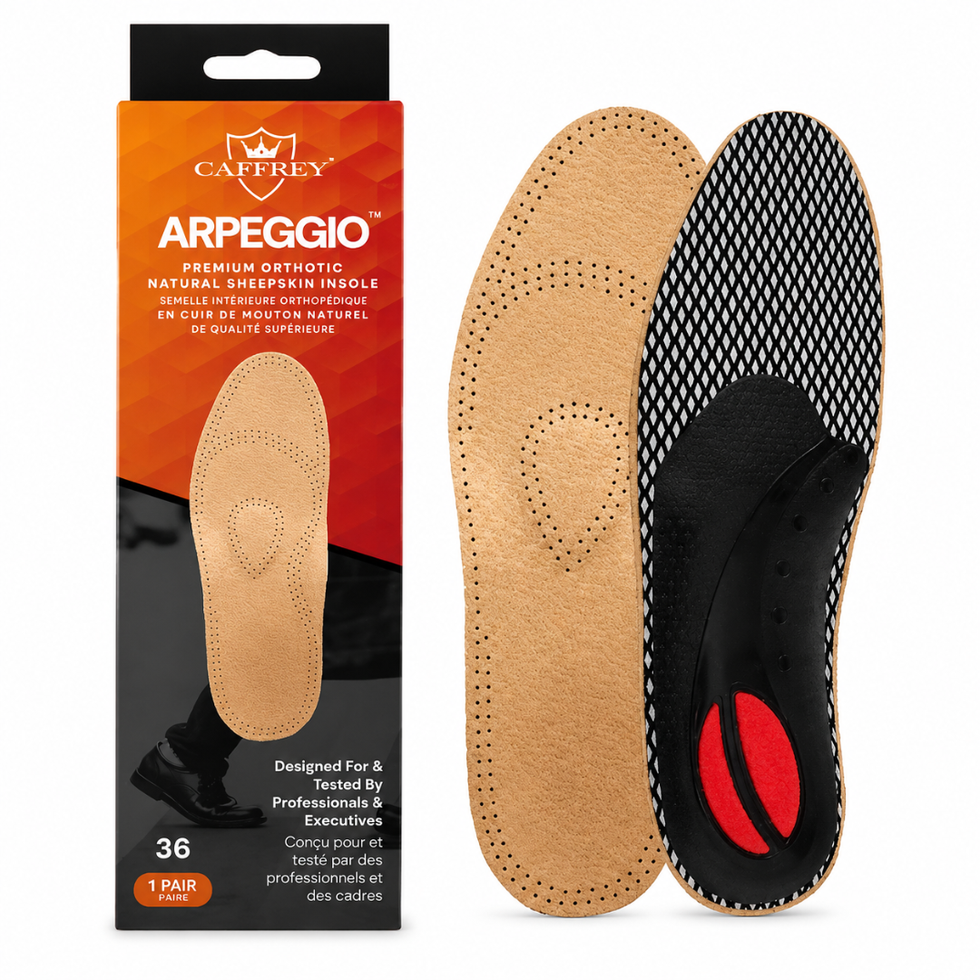 Caffrey ARPEGGIO Leather Arch Support Insoles - Pain Relief & Back Support for Men & Women, Achilles Support, Moisture Control Sheepskin, Ideal for Walking Shoes, Boots, Heels & Winter Footwear