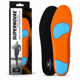 CAFFREY Super Novae package and pair, showing black fabric and an orange underside with blue heel and forefoot pads