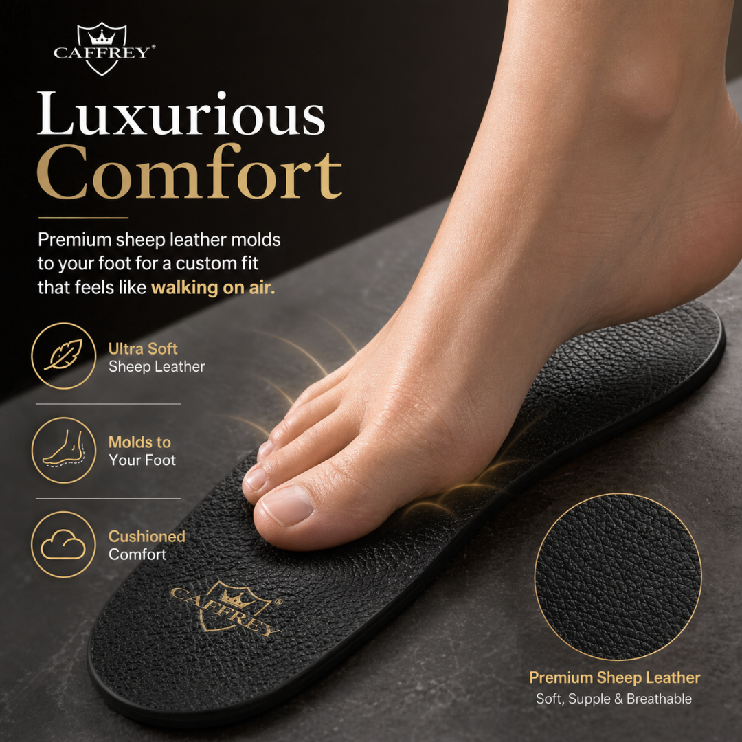 Caffrey Eleganza Noire Premium Sheep Leather Insole – Durable & Elastic, Processed for Softness & Comfort, Expands & Retracts While Walking, High-Grade Leather for Ultimate Foot Support
