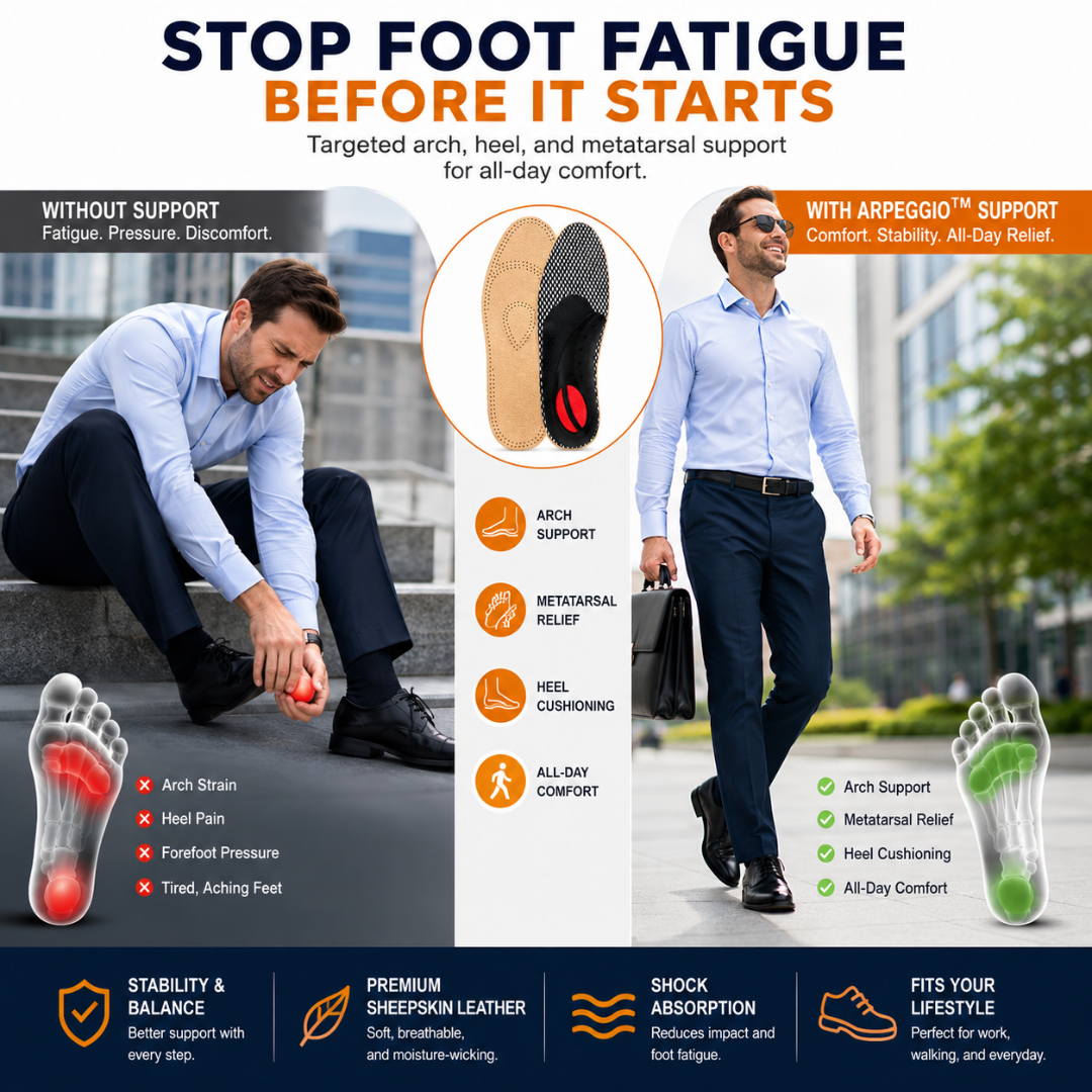 Caffrey ARPEGGIO Leather Arch Support Insoles - Pain Relief & Back Support for Men & Women, Achilles Support, Moisture Control Sheepskin, Ideal for Walking Shoes, Boots, Heels & Winter Footwear