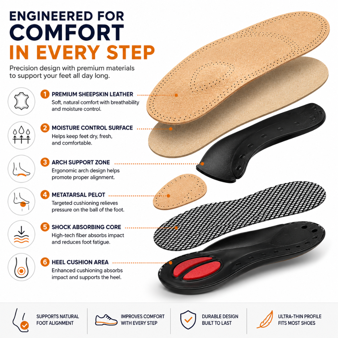 Caffrey ARPEGGIO Leather Arch Support Insoles - Pain Relief & Back Support for Men & Women, Achilles Support, Moisture Control Sheepskin, Ideal for Walking Shoes, Boots, Heels & Winter Footwear