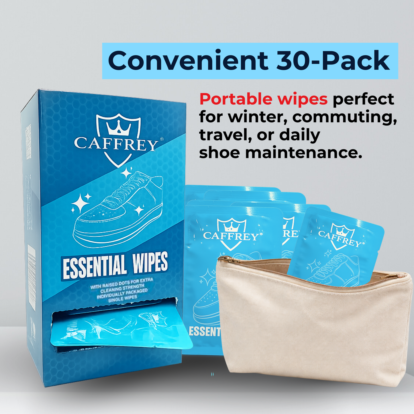 Caffrey Essential Wipes – Leather &amp; Shoe Cleaning Wipes, Salt &amp; Dirt Removal, Conditioning Oils, Individually Wrapped for Suede, Leather, Canvas, 30-Pack, Quick &amp; Easy Winter and Wet Season Shoe Care.&nbsp;