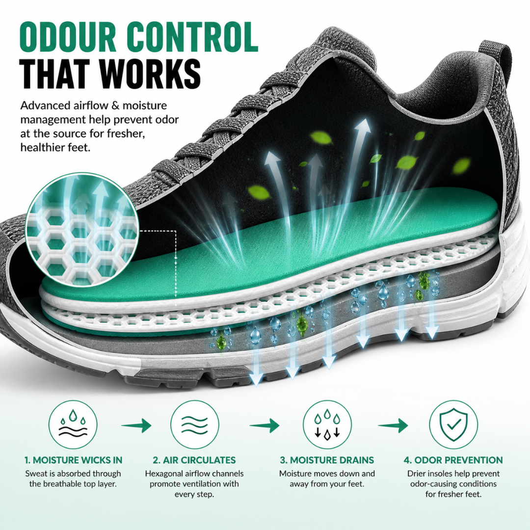 Caffrey Odour Smart Insoles – Cushioned Shoe Inserts with Hexagonal Airflow, Moisture-Wicking & Odour Control