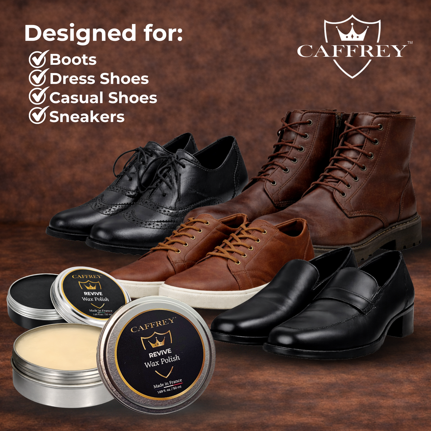 Caffrey Revive Wax Polish – Premium Leather Conditioner with Beeswax & Four Natural Oils, Deep-Absorbing Formula for Long-Lasting Shine, Dress Shoes, Boots & Everyday Leather Footwear