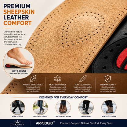 Caffrey ARPEGGIO Leather Arch Support Insoles - Pain Relief & Back Support for Men & Women, Achilles Support, Moisture Control Sheepskin, Ideal for Walking Shoes, Boots, Heels & Winter Footwear