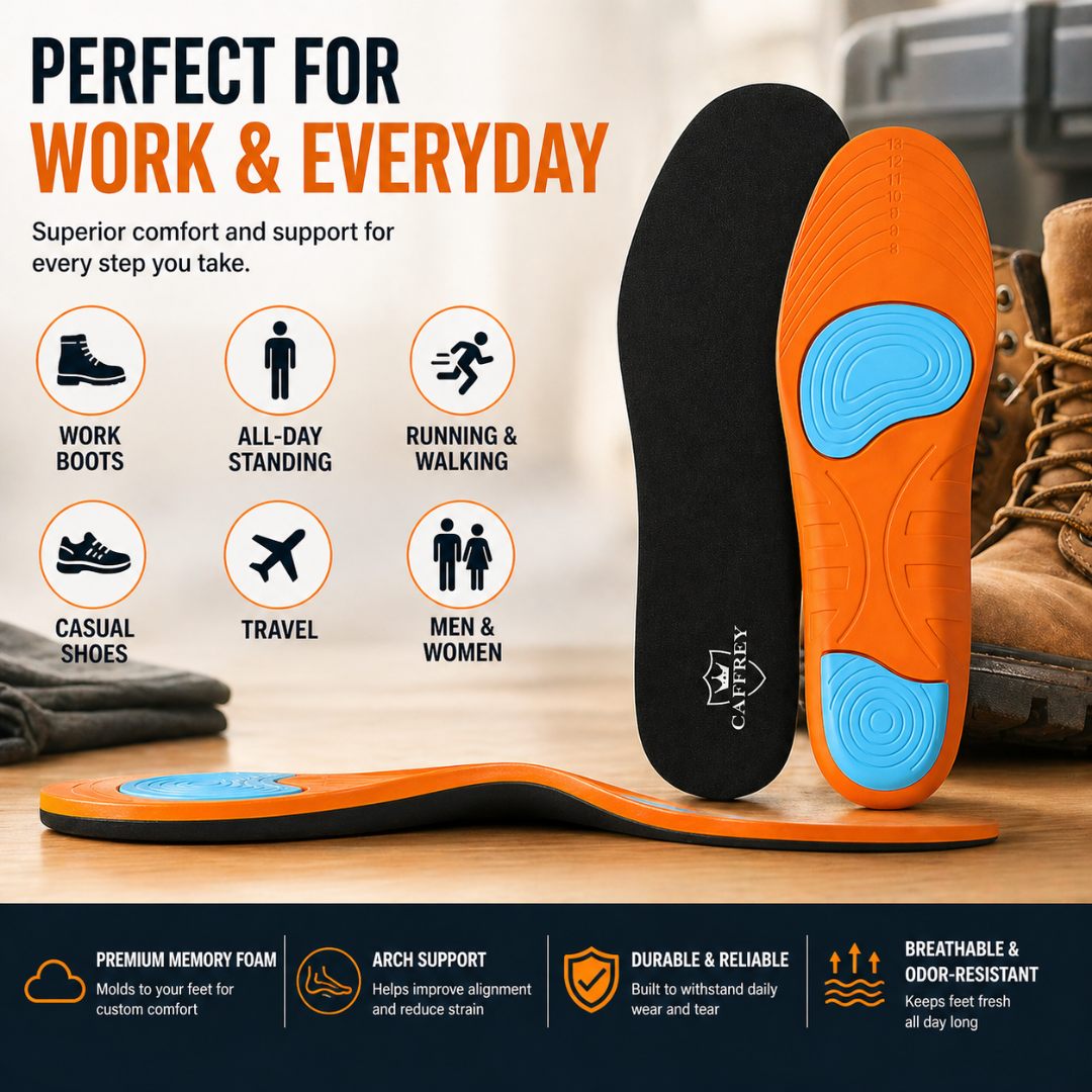 Caffrey Super Novae Memory Blend Insoles - Memory Foam Shoe Inserts for Men Work Boots - Personalized Comfort and Support - Adapts to Foot Shape - Ideal for Men's Shoe Soles - Women's Shoe Inserts