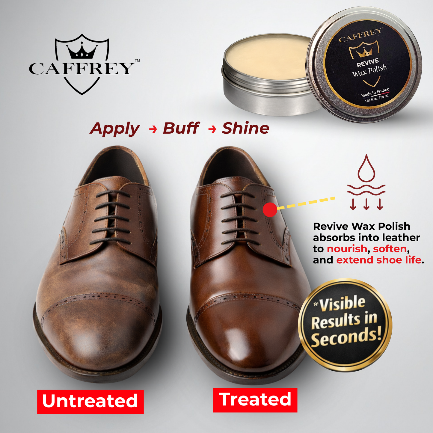 Caffrey Revive Wax Polish – Premium Leather Conditioner with Beeswax & Four Natural Oils, Deep-Absorbing Formula for Long-Lasting Shine, Dress Shoes, Boots & Everyday Leather Footwear
