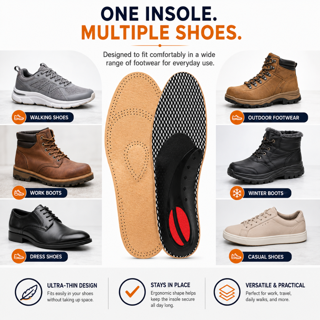 Caffrey ARPEGGIO Leather Arch Support Insoles - Pain Relief & Back Support for Men & Women, Achilles Support, Moisture Control Sheepskin, Ideal for Walking Shoes, Boots, Heels & Winter Footwear