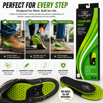 Caffrey Comfort Max Insoles – Lightweight Breathable Arch Support Insoles for All-Day Comfort