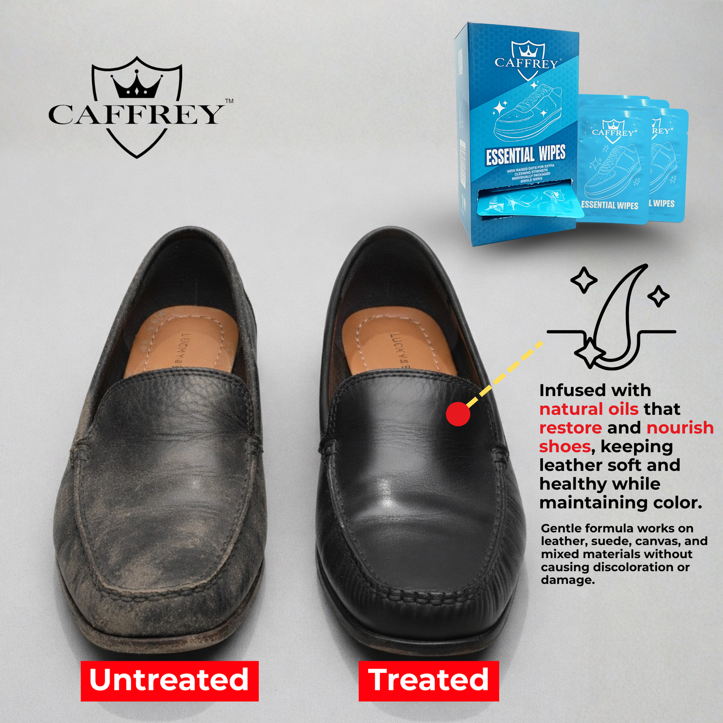Caffrey Essential Wipes – Leather &amp; Shoe Cleaning Wipes, Salt &amp; Dirt Removal, Conditioning Oils, Individually Wrapped for Suede, Leather, Canvas, 30-Pack, Quick &amp; Easy Winter and Wet Season Shoe Care.&nbsp;