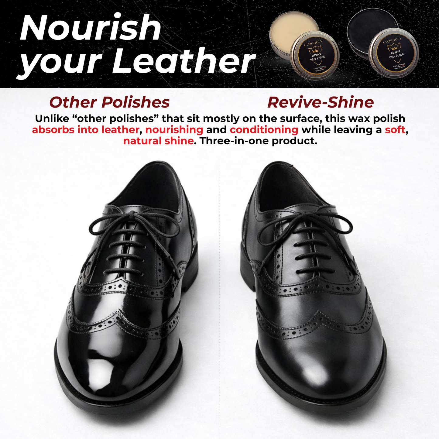 Caffrey Revive Wax Polish – Premium Leather Conditioner with Beeswax & Four Natural Oils, Deep-Absorbing Formula for Long-Lasting Shine, Dress Shoes, Boots & Everyday Leather Footwear