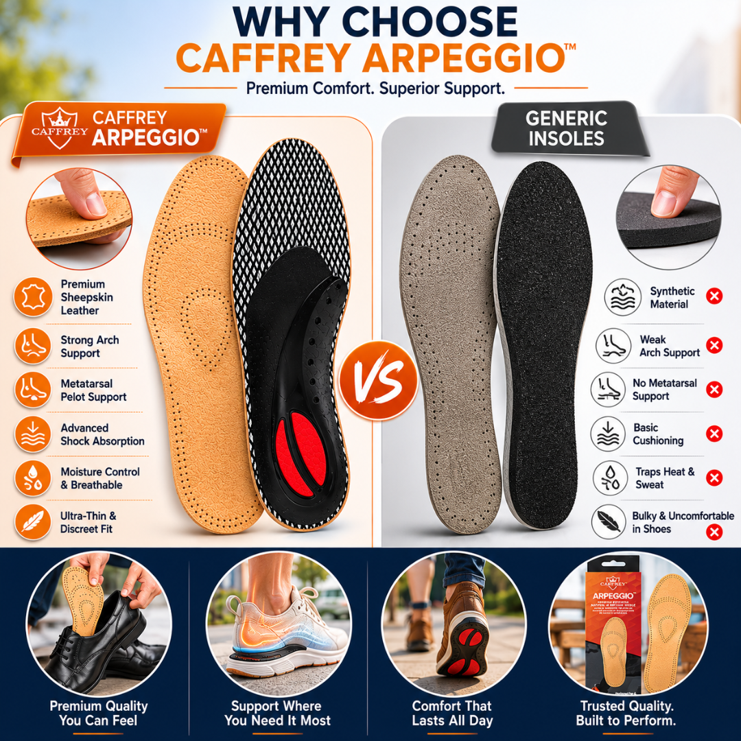 Caffrey ARPEGGIO Leather Arch Support Insoles - Pain Relief & Back Support for Men & Women, Achilles Support, Moisture Control Sheepskin, Ideal for Walking Shoes, Boots, Heels & Winter Footwear