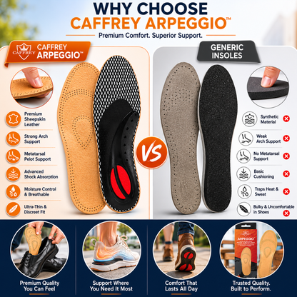 Caffrey ARPEGGIO Leather Arch Support Insoles - Pain Relief & Back Support for Men & Women, Achilles Support, Moisture Control Sheepskin, Ideal for Walking Shoes, Boots, Heels & Winter Footwear