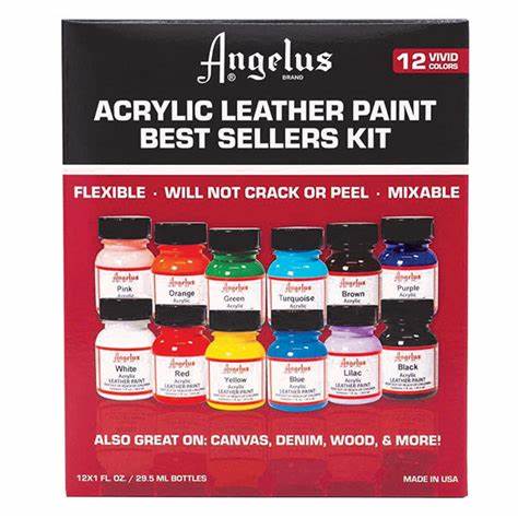 Angelus Leather Paint Best Sellers Kit – 12 Color Acrylic Set (1 oz Bottles)