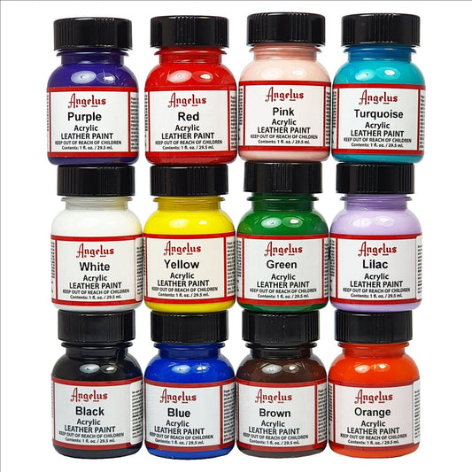 Angelus Leather Paint Best Sellers Kit – 12 Color Acrylic Set (1 oz Bottles)