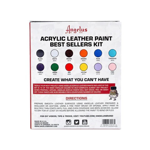 Angelus Leather Paint Best Sellers Kit – 12 Color Acrylic Set (1 oz Bottles)