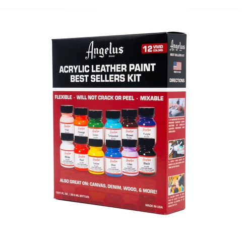Angelus Leather Paint Best Sellers Kit – 12 Color Acrylic Set (1 oz Bottles)