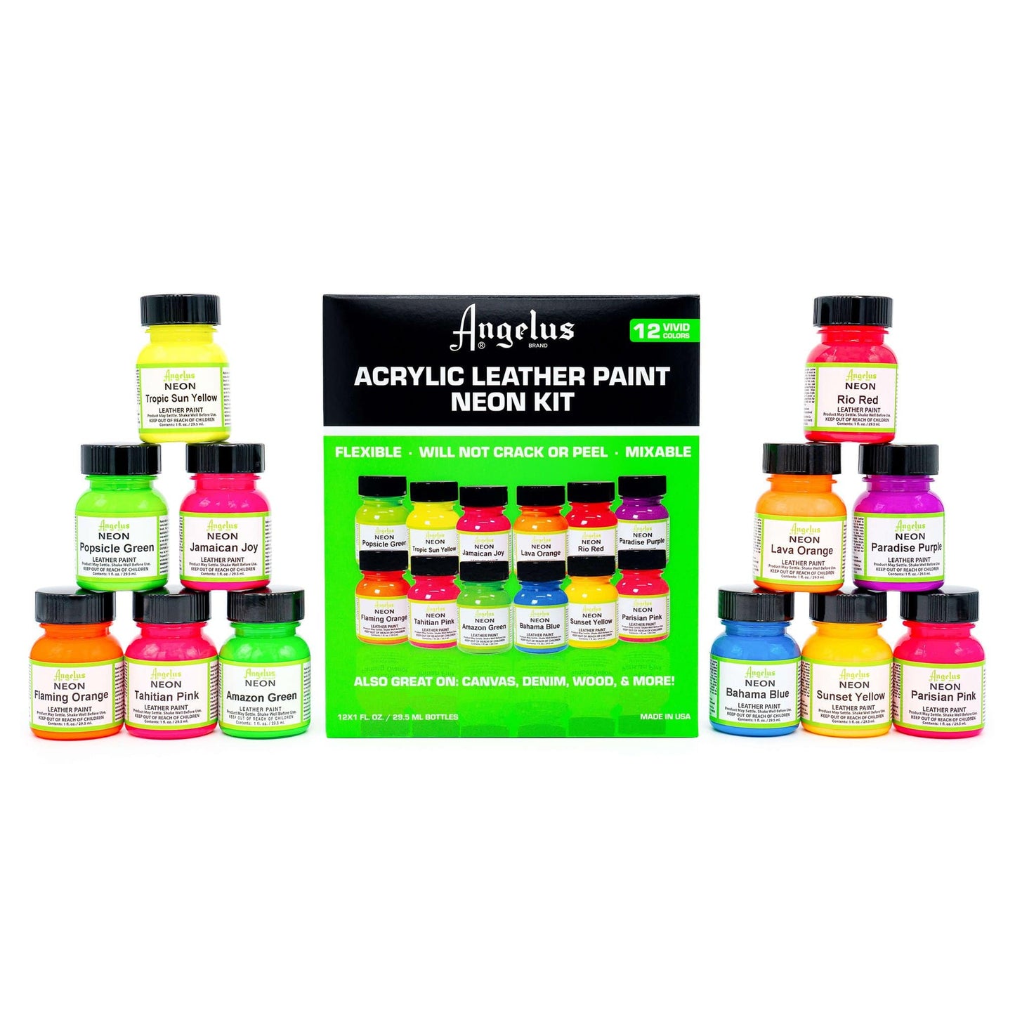 Angelus Neon Leather Paint Kit – 12 Bright Colors (1 oz Bottles)