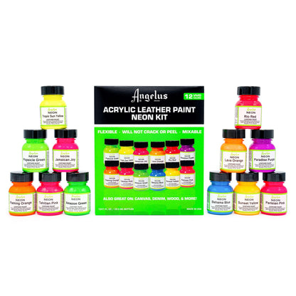 Angelus Neon Leather Paint Kit – 12 Bright Colors (1 oz Bottles)