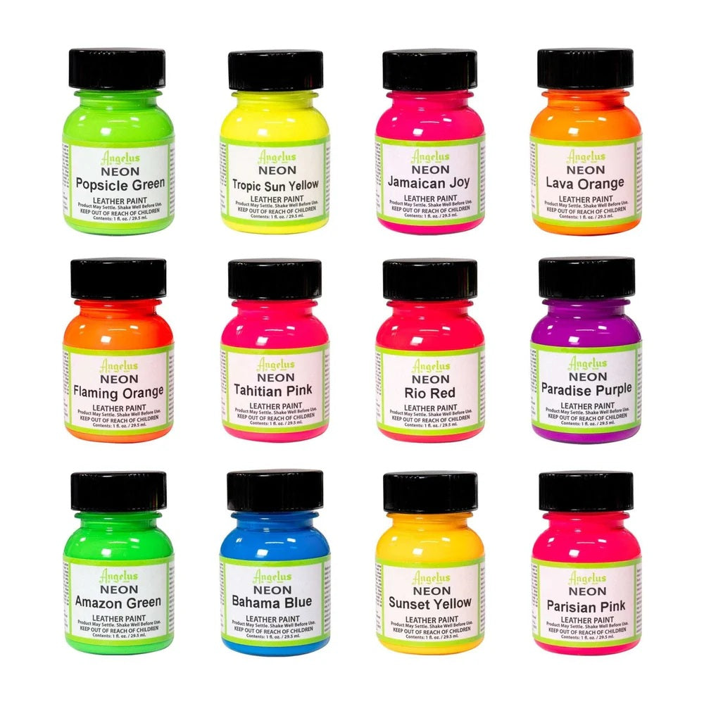 Angelus Neon Leather Paint Kit – 12 Bright Colors (1 oz Bottles)