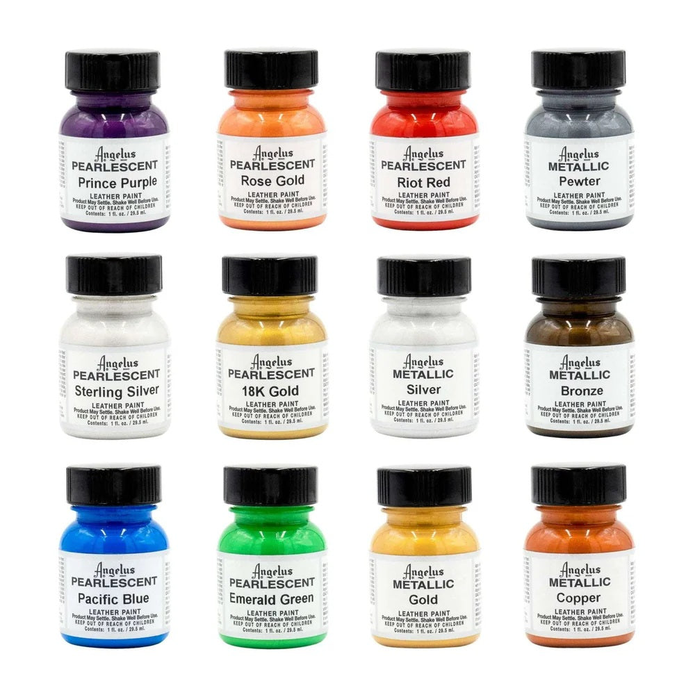 Angelus Pearlescent & Metallic Leather Paint Kit – 12 Vibrant Colors (1 oz Bottles)