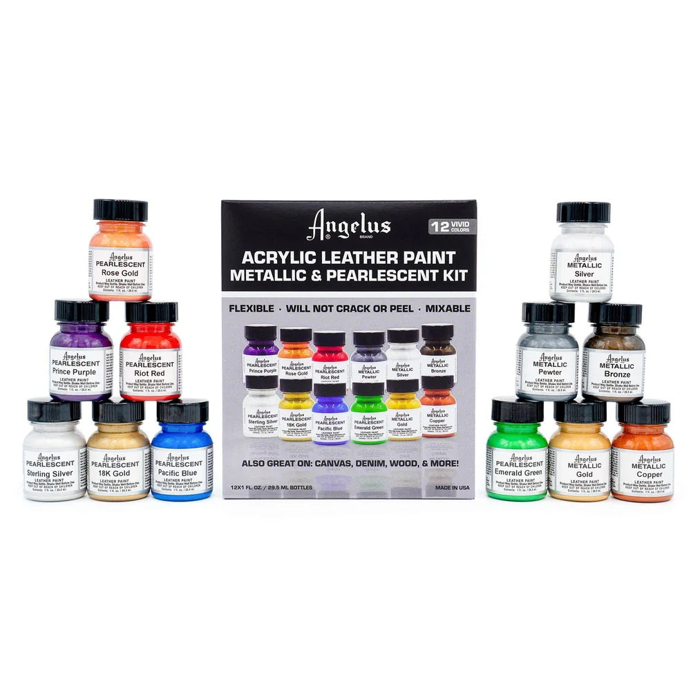 Angelus Pearlescent & Metallic Leather Paint Kit – 12 Vibrant Colors (1 oz Bottles)