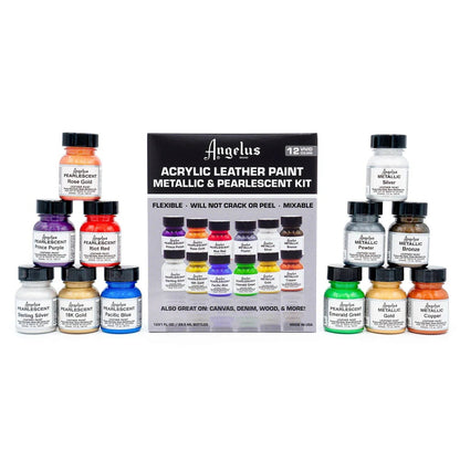 Angelus Pearlescent & Metallic Leather Paint Kit – 12 Vibrant Colors (1 oz Bottles)
