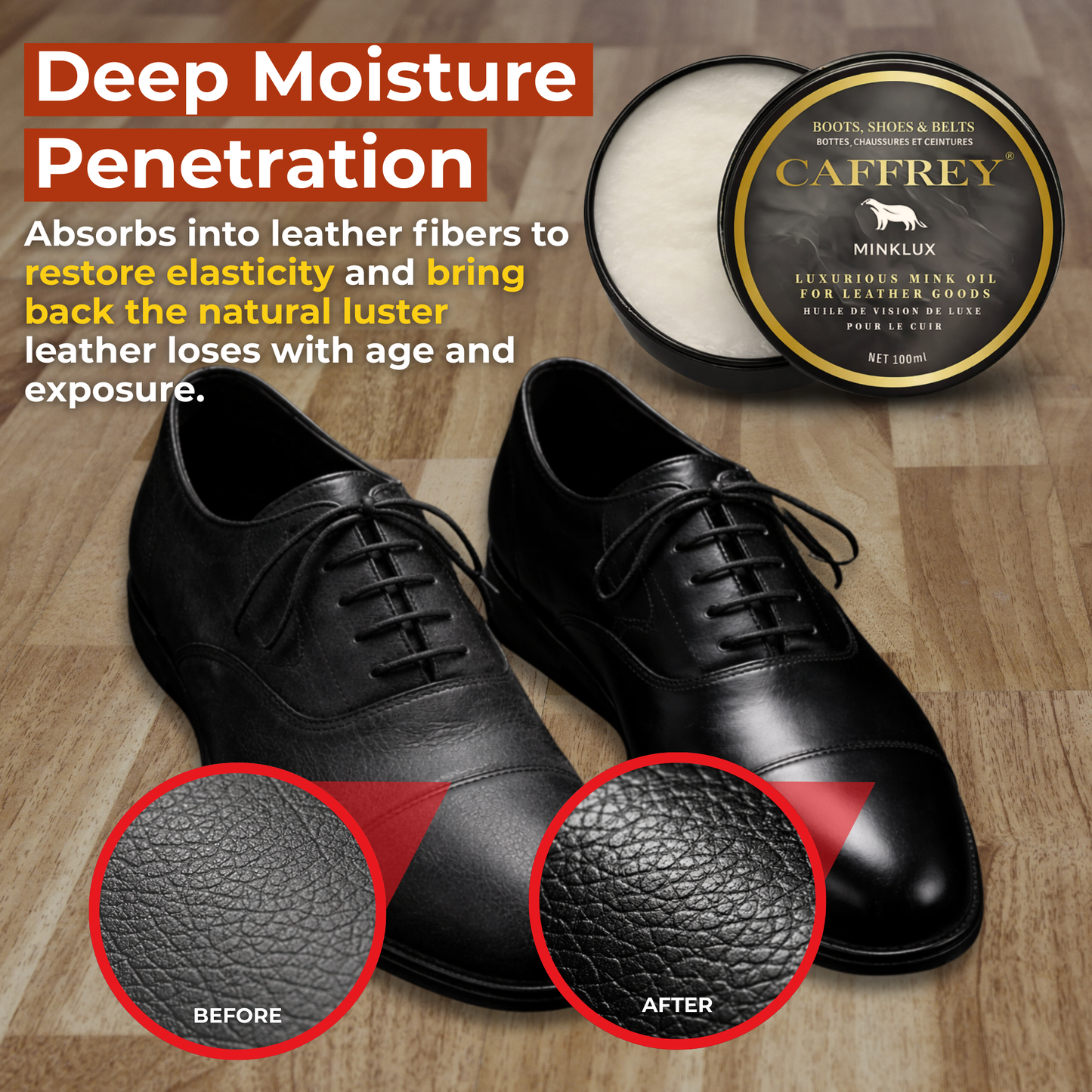 Caffrey Minklux Oil – Pure Mink Oil Leather Conditioner for Softening, Restoring & Preventing Cracks, Non-Discoloring Formula for Shoes, Bags & Leather Goods