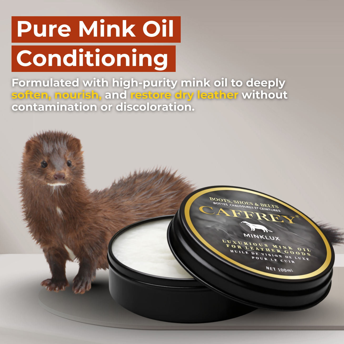 Caffrey Minklux Oil – Pure Mink Oil Leather Conditioner for Softening, Restoring & Preventing Cracks, Non-Discoloring Formula for Shoes, Bags & Leather Goods