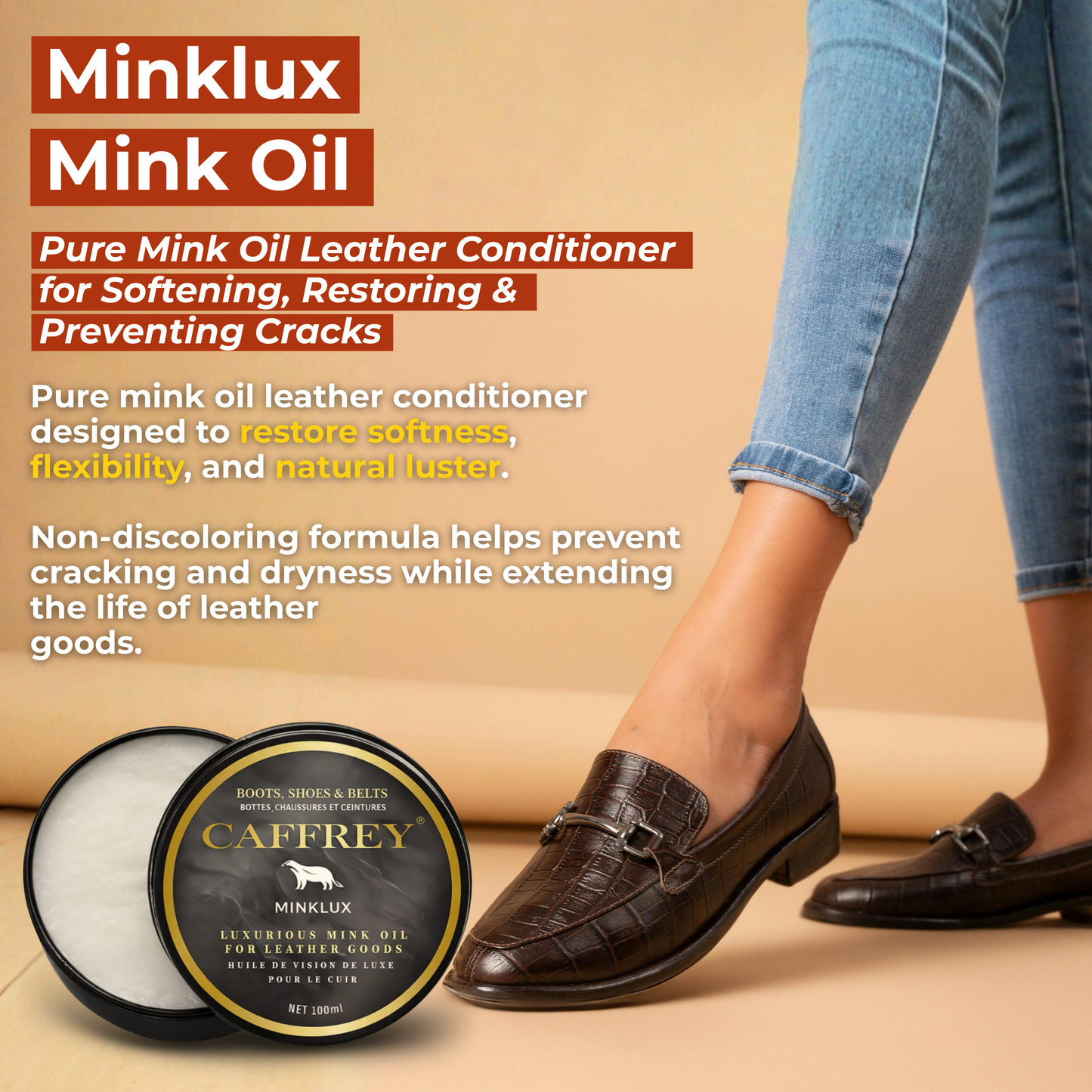 Caffrey Minklux Oil – Pure Mink Oil Leather Conditioner for Softening, Restoring & Preventing Cracks, Non-Discoloring Formula for Shoes, Bags & Leather Goods