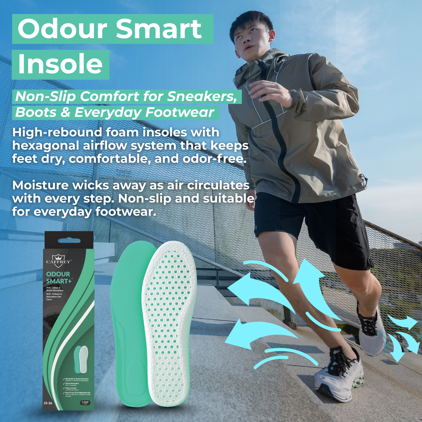 Caffrey Odour Smart Insoles – Cushioned Shoe Inserts with Hexagonal Airflow, Moisture-Wicking & Odour Control