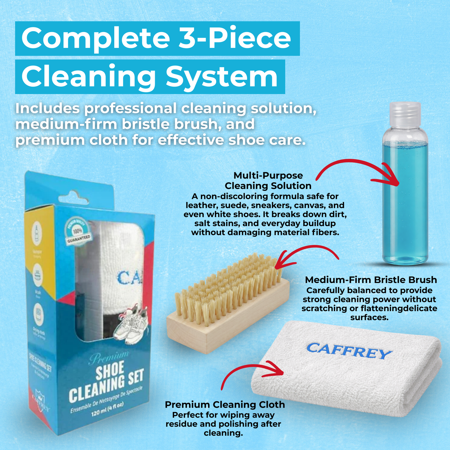 Caffrey Premium Shoe Cleaning Kit – Multi-Surface Leather, Suede & Sneaker Cleaner with Brush, Cleaning Solution & Cloth, Non-Discoloring Formula Safe for White Shoes