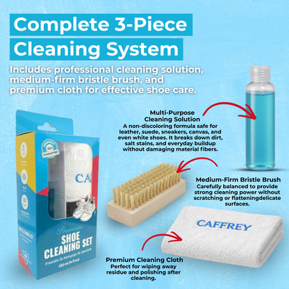 Caffrey Premium Shoe Cleaning Kit – Multi-Surface Leather, Suede & Sneaker Cleaner with Brush, Cleaning Solution & Cloth, Non-Discoloring Formula Safe for White Shoes