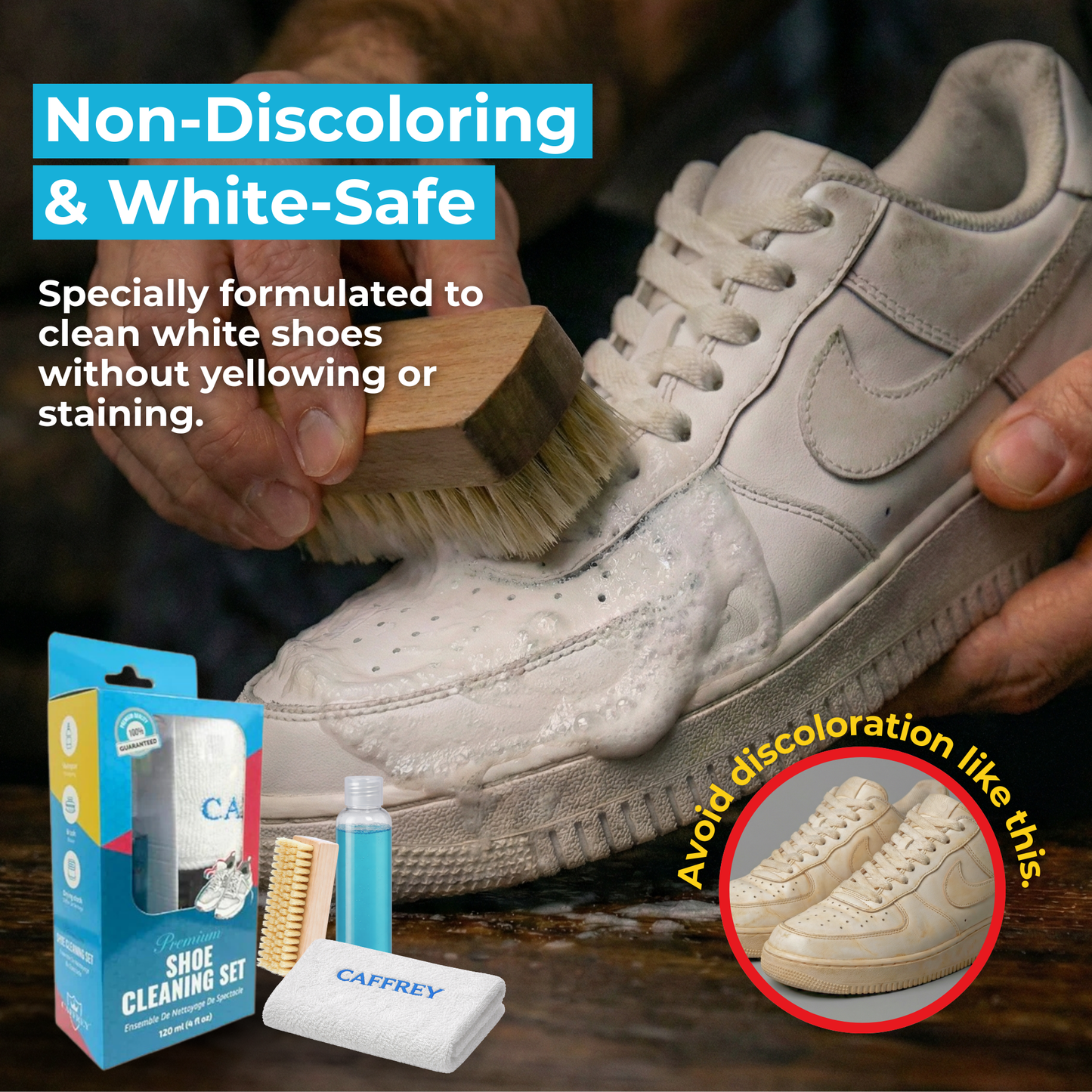 Caffrey Premium Shoe Cleaning Kit – Multi-Surface Leather, Suede & Sneaker Cleaner with Brush, Cleaning Solution & Cloth, Non-Discoloring Formula Safe for White Shoes