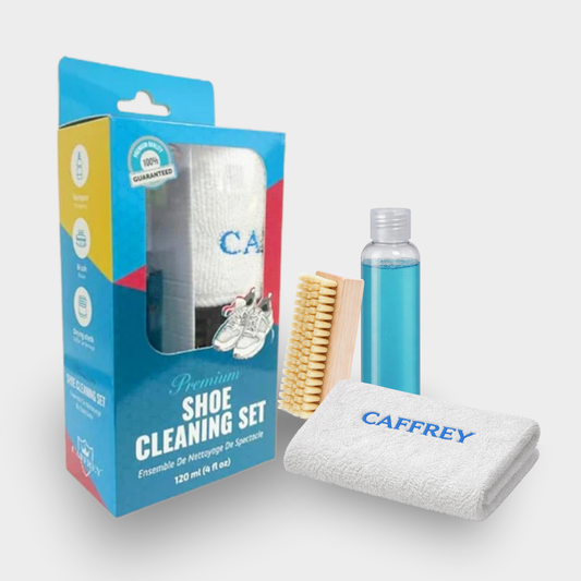 Caffrey Premium Shoe Cleaning Kit – Multi-Surface Leather, Suede & Sneaker Cleaner with Brush, Cleaning Solution & Cloth, Non-Discoloring Formula Safe for White Shoes