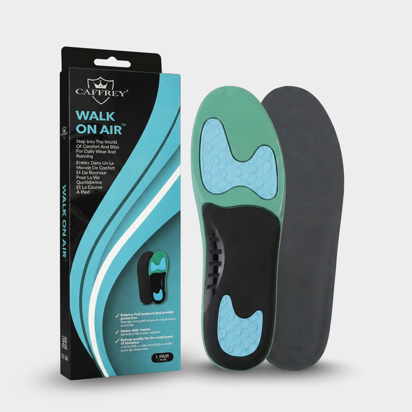 Caffrey Walk On Air Insoles – Shock Absorbing Arch Support Insoles with High-Rebound Foam & Gel Cushioning, Plantar Fasciitis & All-Day Standing Support
