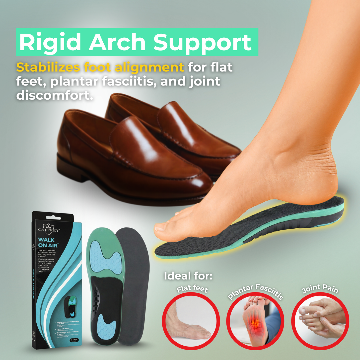 Caffrey Walk On Air Insoles – Shock Absorbing Arch Support Insoles with High-Rebound Foam & Gel Cushioning, Plantar Fasciitis & All-Day Standing Support