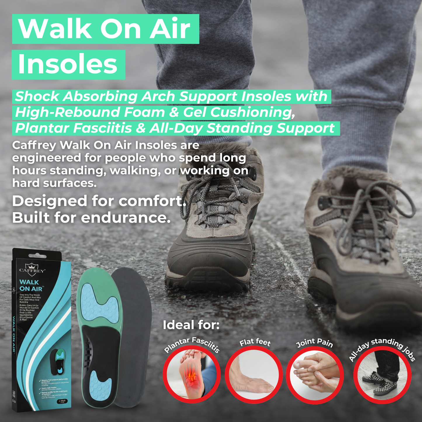 Caffrey Walk On Air Insoles – Shock Absorbing Arch Support Insoles with High-Rebound Foam & Gel Cushioning, Plantar Fasciitis & All-Day Standing Support