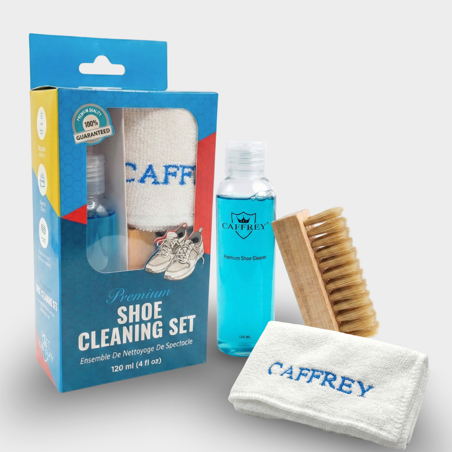 Caffrey Premium Shoe Cleaning Kit – Multi-Surface Leather, Suede & Sneaker Cleaner with Brush, Cleaning Solution & Cloth, Non-Discoloring Formula Safe for White Shoes