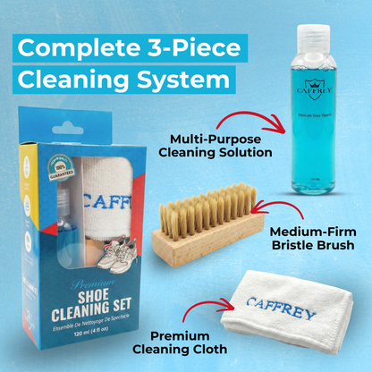Caffrey Premium Shoe Cleaning Kit – Multi-Surface Leather, Suede & Sneaker Cleaner with Brush, Cleaning Solution & Cloth, Non-Discoloring Formula Safe for White Shoes