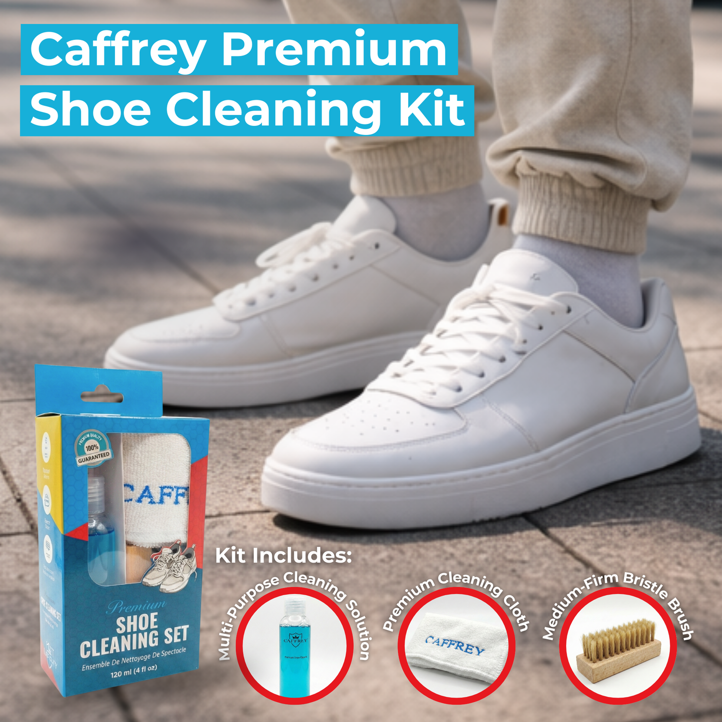 Caffrey Premium Shoe Cleaning Kit – Multi-Surface Leather, Suede & Sneaker Cleaner with Brush, Cleaning Solution & Cloth, Non-Discoloring Formula Safe for White Shoes