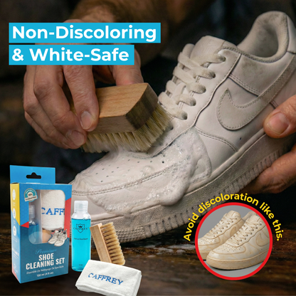 Caffrey Premium Shoe Cleaning Kit – Multi-Surface Leather, Suede & Sneaker Cleaner with Brush, Cleaning Solution & Cloth, Non-Discoloring Formula Safe for White Shoes