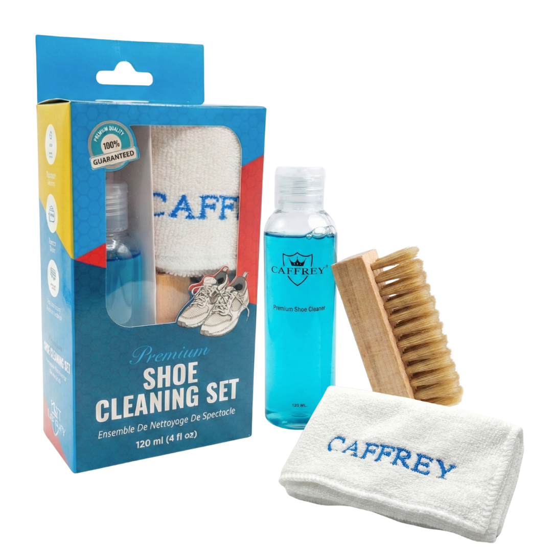 CAFFREY Premium Shoe Cleaning Kit with 120 ml cleaner, wooden bristle brush, white cleaning cloth and retail box