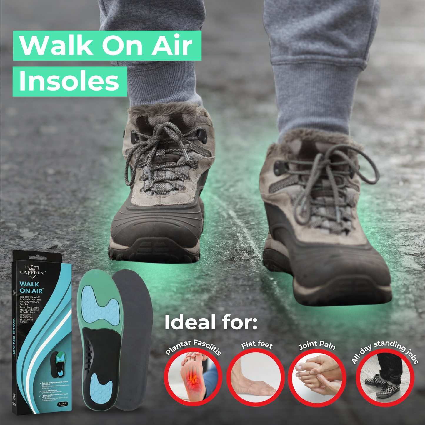 Caffrey Walk On Air Insoles – Shock Absorbing Arch Support Insoles with High-Rebound Foam & Gel Cushioning, Plantar Fasciitis & All-Day Standing Support