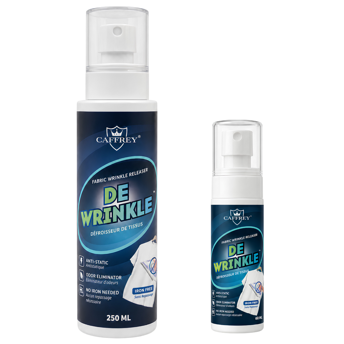 Caffrey DeWrinkle fabric wrinkle releaser in 250 ml and 60 ml