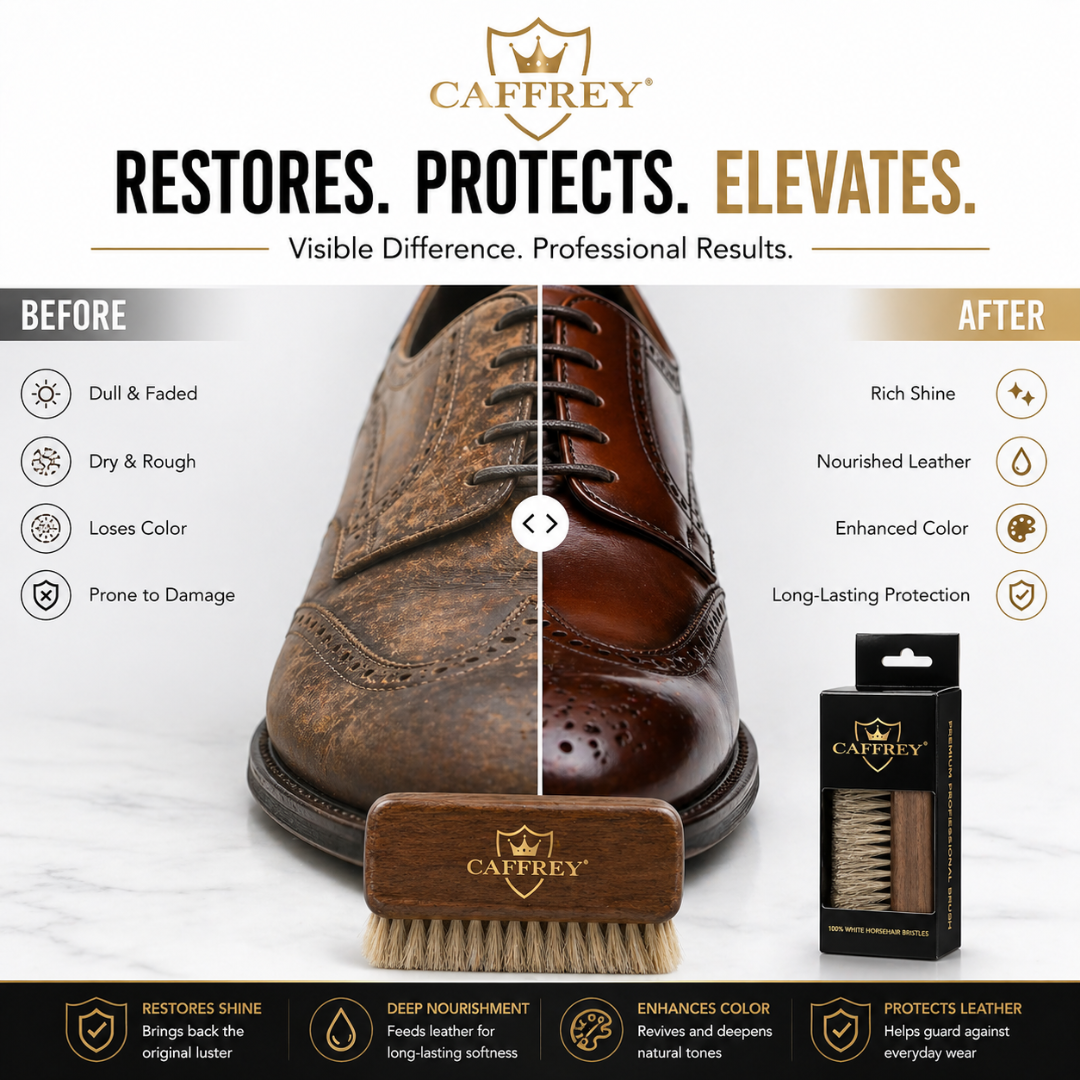 Caffrey Premium Horsehair Shoe Brush — Polish Applicator & Leather Cleaner