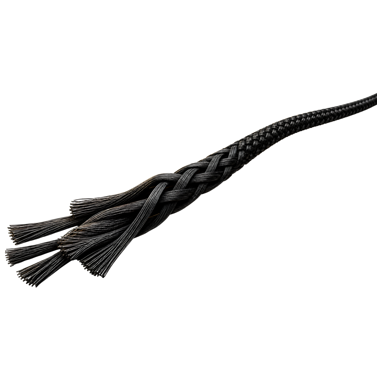 Conceptual magnified view of a black Caffrey Steelcord braid opening to reveal para-aramid fibre bundles