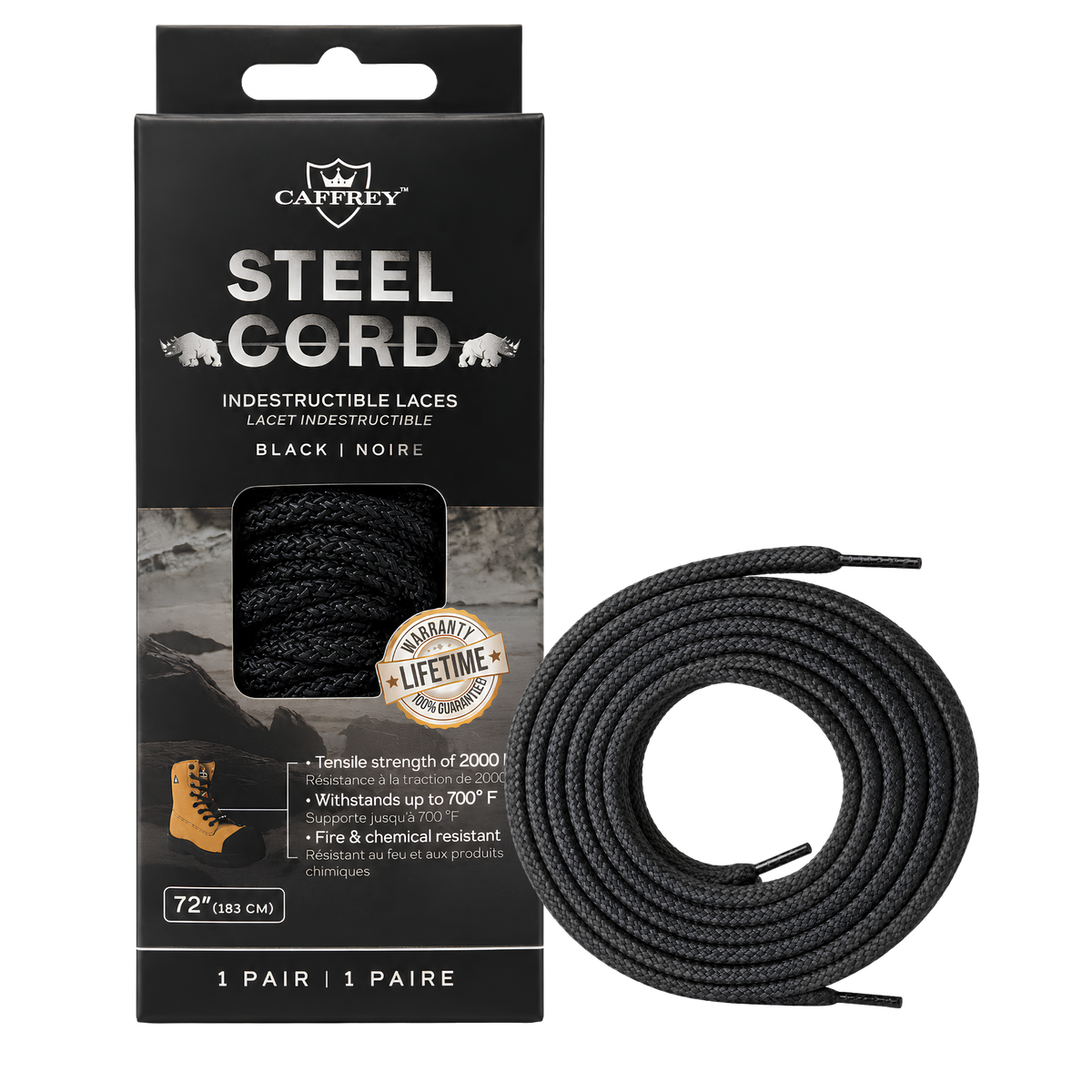 Caffrey Steelcord package with a coiled pair of black boot laces