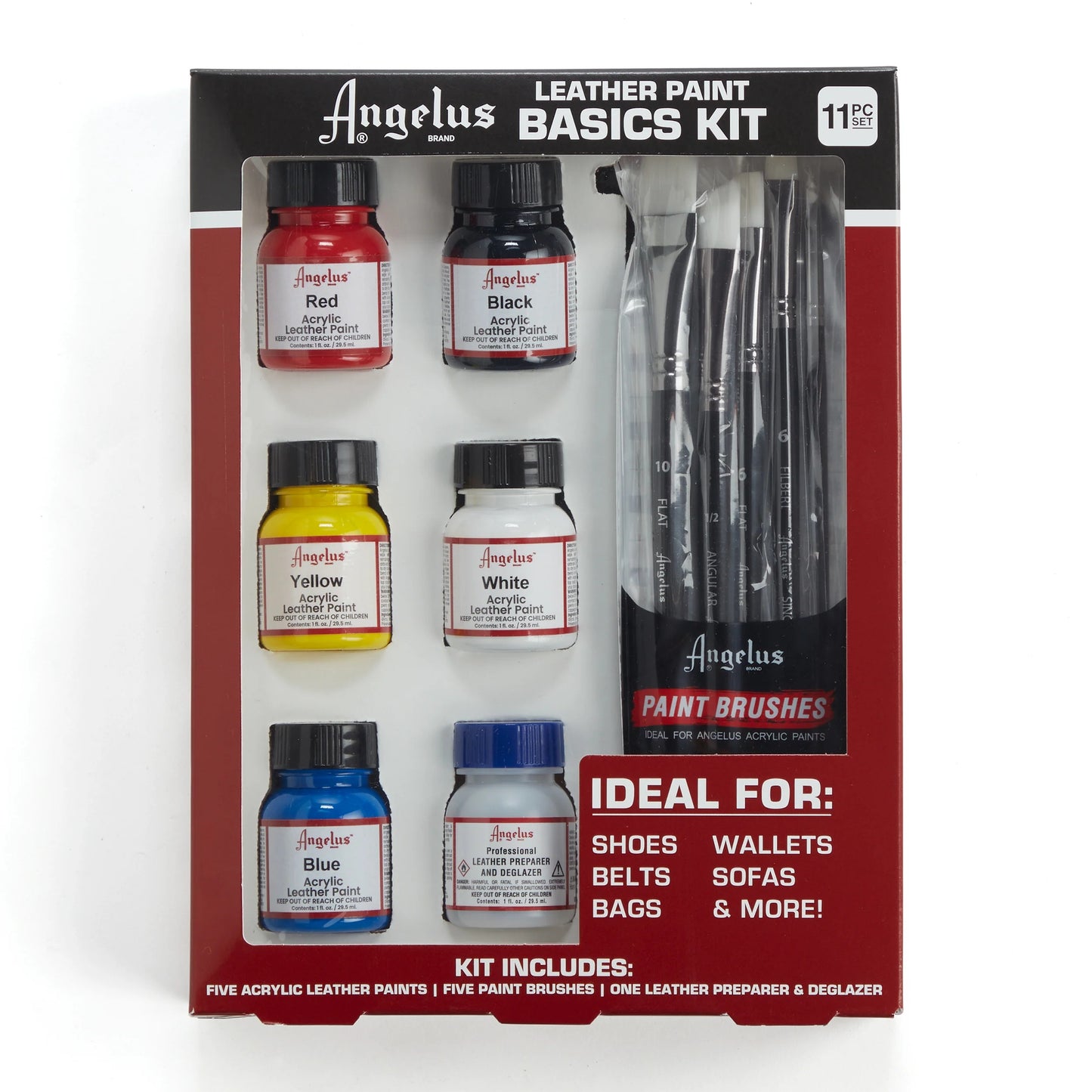 Angelus Leather Paint Basic Kit – 5 Color Acrylic Set with Deglazer & Brushes (1 oz Bottles)